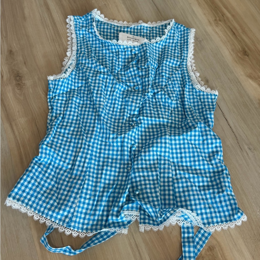 Blue Gingham Lace-Trim Sleeveless Button Front Top